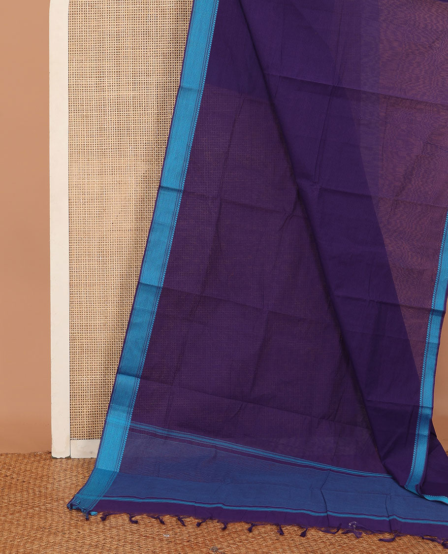 Violet sparesly striped Mangalagiri Cotton saree, traditional motifs border, plain pallu, and contrast kalamkari floral printed blouse