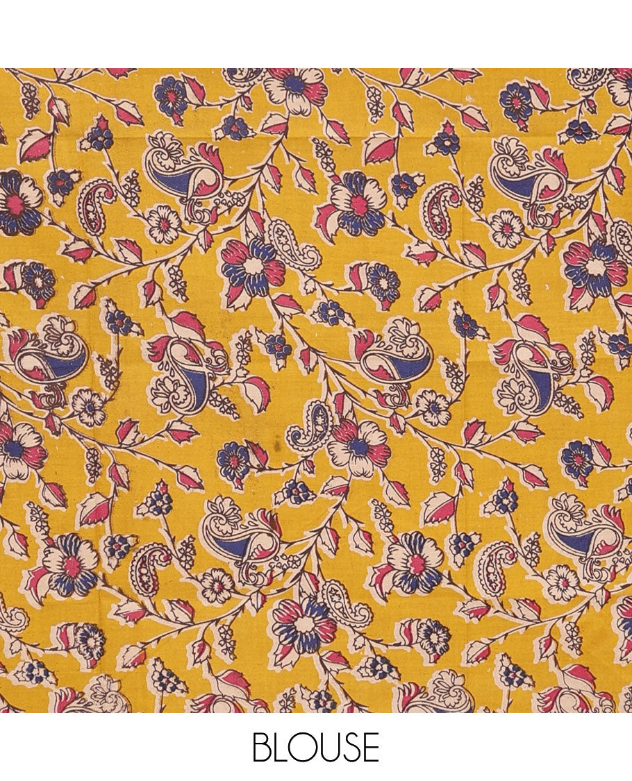 Violet sparesly striped Mangalagiri Cotton saree, traditional motifs border, plain pallu, and contrast kalamkari floral printed blouse