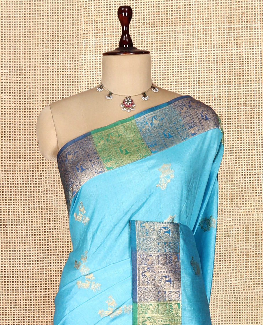 Sky Blue Zari Motifs Fancy Raw Silksaree, Contrast Intricate Zari Border, Matching Blouse