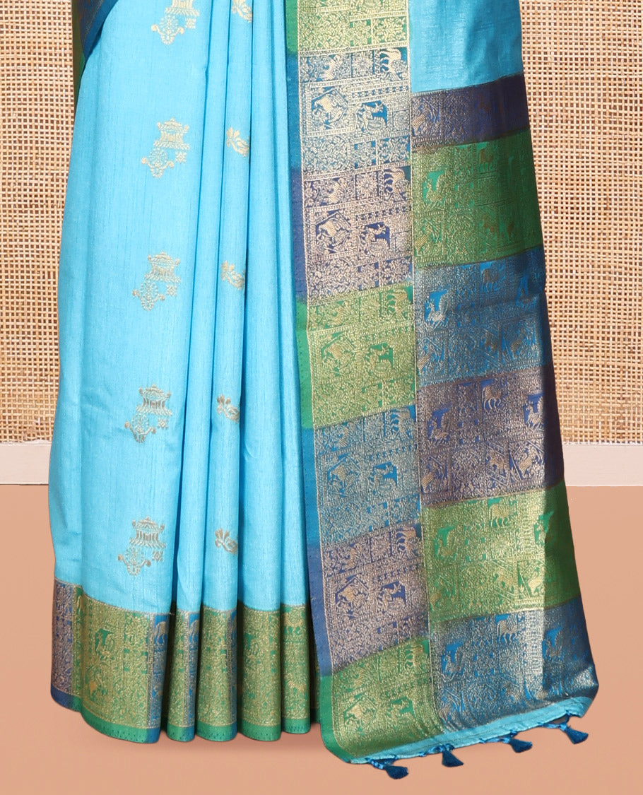 Sky Blue Zari Motifs Fancy Raw Silksaree, Contrast Intricate Zari Border, Matching Blouse