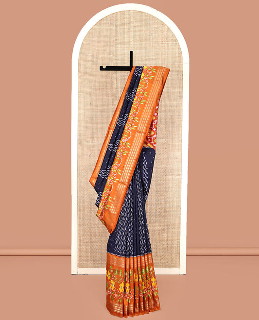 Blue Pochampally Ikat Silk Saree, Embellished with Ikkat Buttas on Its Body, Complemented by a Contrast Intricately Ikkat Woven Border, Pallu of Ikkat Weave, and Paired with a Contrast Blouse
