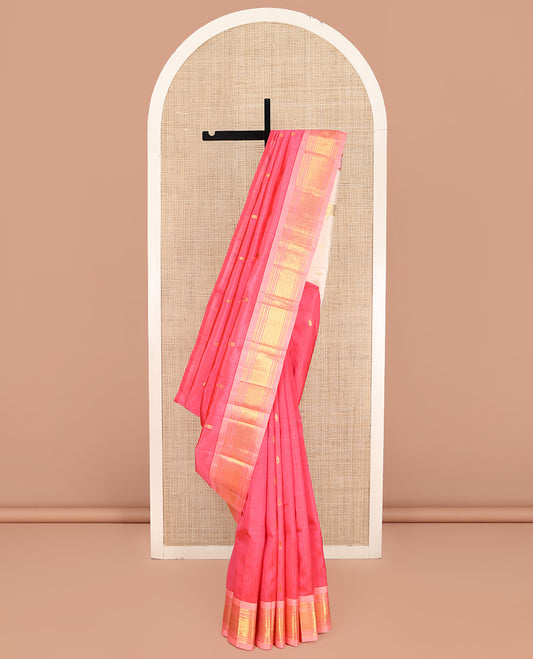Pink Kanchipuram Silk Saree, Woven with Zari Buttas on Its Body, Complemented by a Contrast One-Sided Border of Paneer Sombu, Banaras, Muthu and Jaal Designs, Pallu of Zari Designs, and Comes Without a Blouse