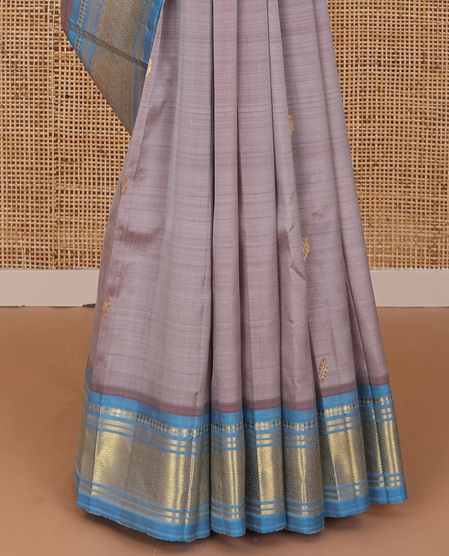 Brown zari buttas Kanchipuram silk saree, contrast one-sided korvai border of panner sombu,banaras & jaal & floral design pallu