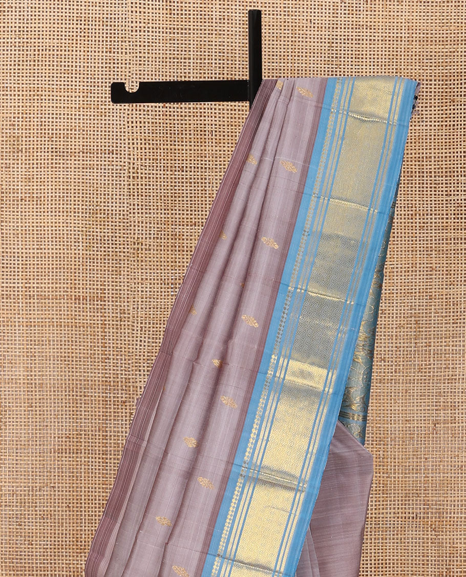 Brown zari buttas Kanchipuram silk saree, contrast one-sided korvai border of panner sombu,banaras & jaal & floral design pallu