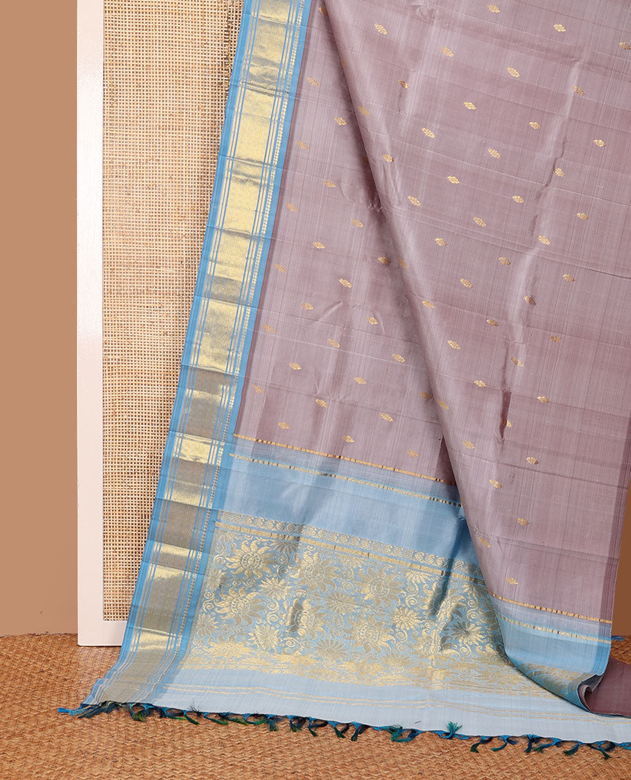 Brown zari buttas Kanchipuram silk saree, contrast one-sided korvai border of panner sombu,banaras & jaal & floral design pallu