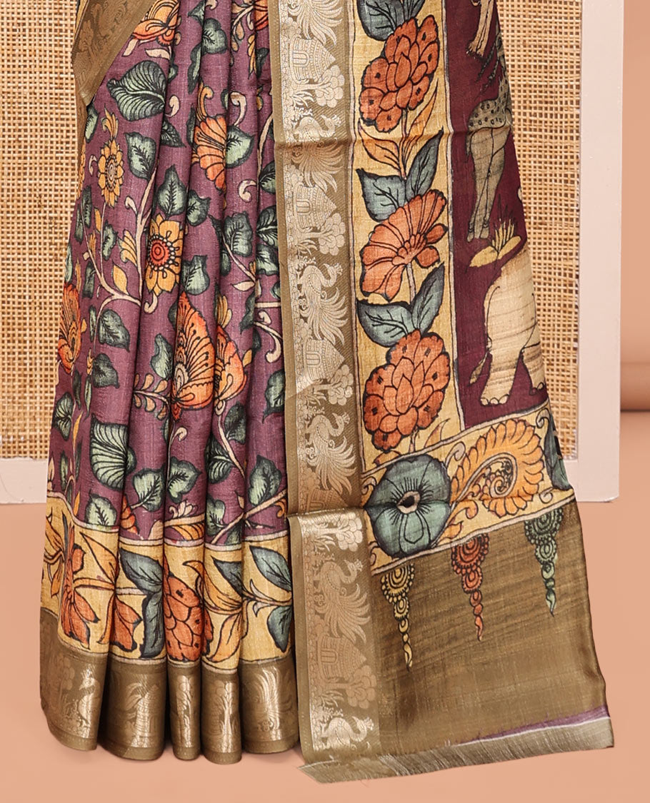 Brown Kalamkari Printed Semi-Banarasi Tussar Saree, Boldly Accentuated with Flora-Fauna Motifs, Contrast Border, Pallu of Fauna Motifs, and a Matching Blouse