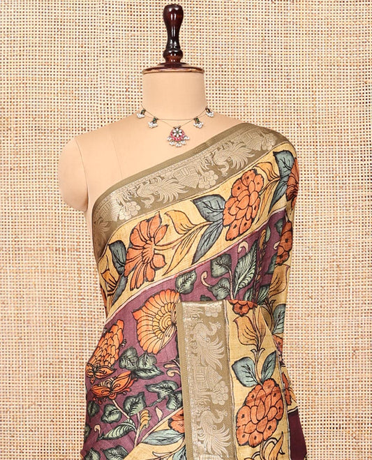 Brown Kalamkari Printed Semi-Banarasi Tussar Saree, Boldly Accentuated with Flora-Fauna Motifs, Contrast Border, Pallu of Fauna Motifs, and a Matching Blouse