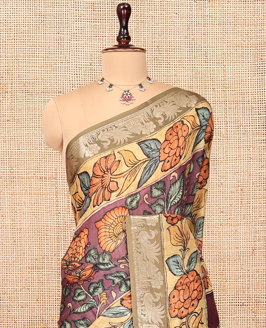 Brown Kalamkari Printed Semi-Banarasi Tussar Saree, Boldly Accentuated with Flora-Fauna Motifs, Contrast Border, Pallu of Fauna Motifs, and a Matching Blouse