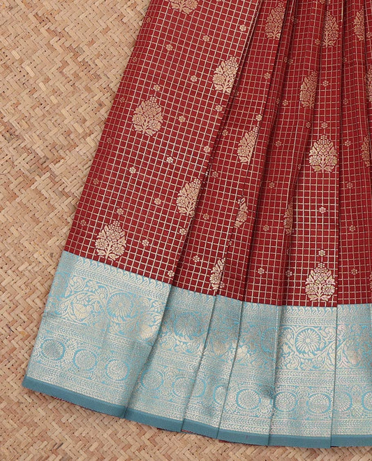 Maroon Litchi Saree, Bedecked with Zari Buttas and Checks, a Contrast Traditional Zari Border, Grand Pallu, and a Contrast Blouse