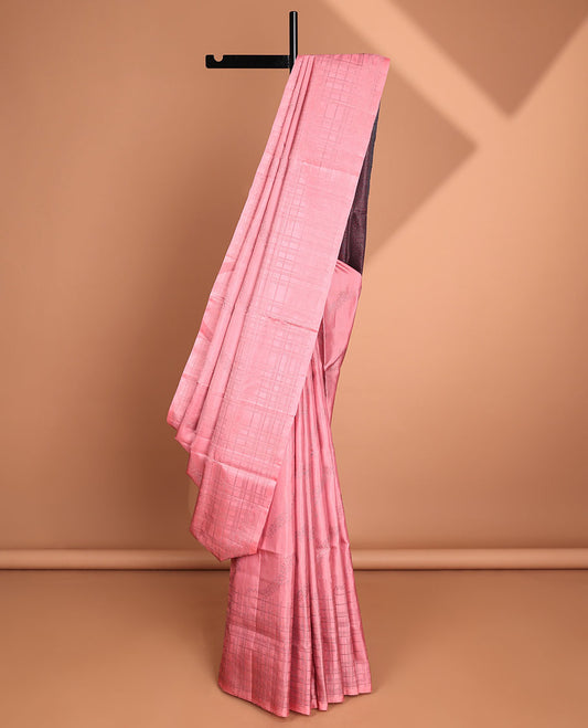 Pink diagonal floral creeper soft silk saree, checked design border & contrast pallu of jaal designs