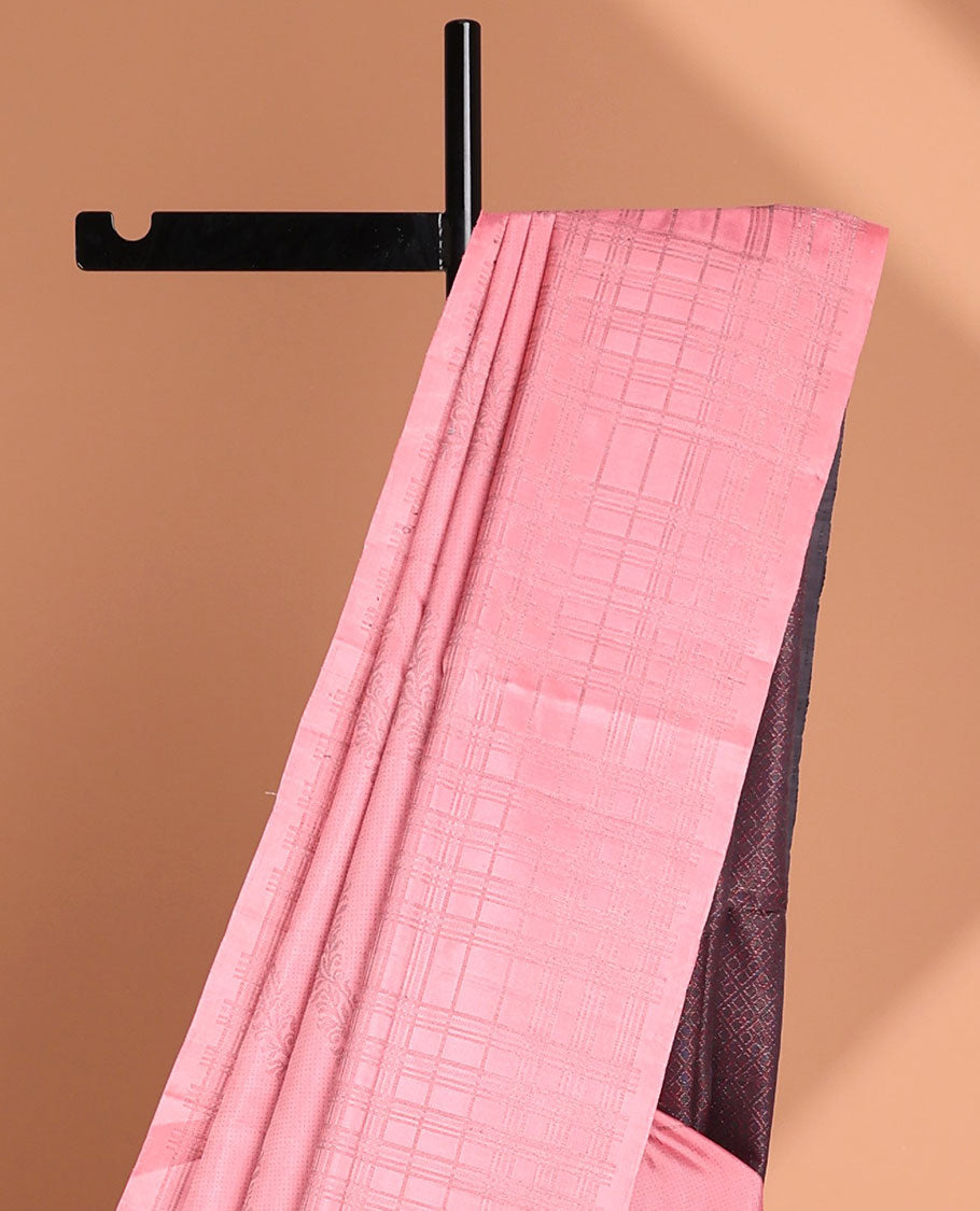 Pink diagonal floral creeper soft silk saree, checked design border & contrast pallu of jaal designs