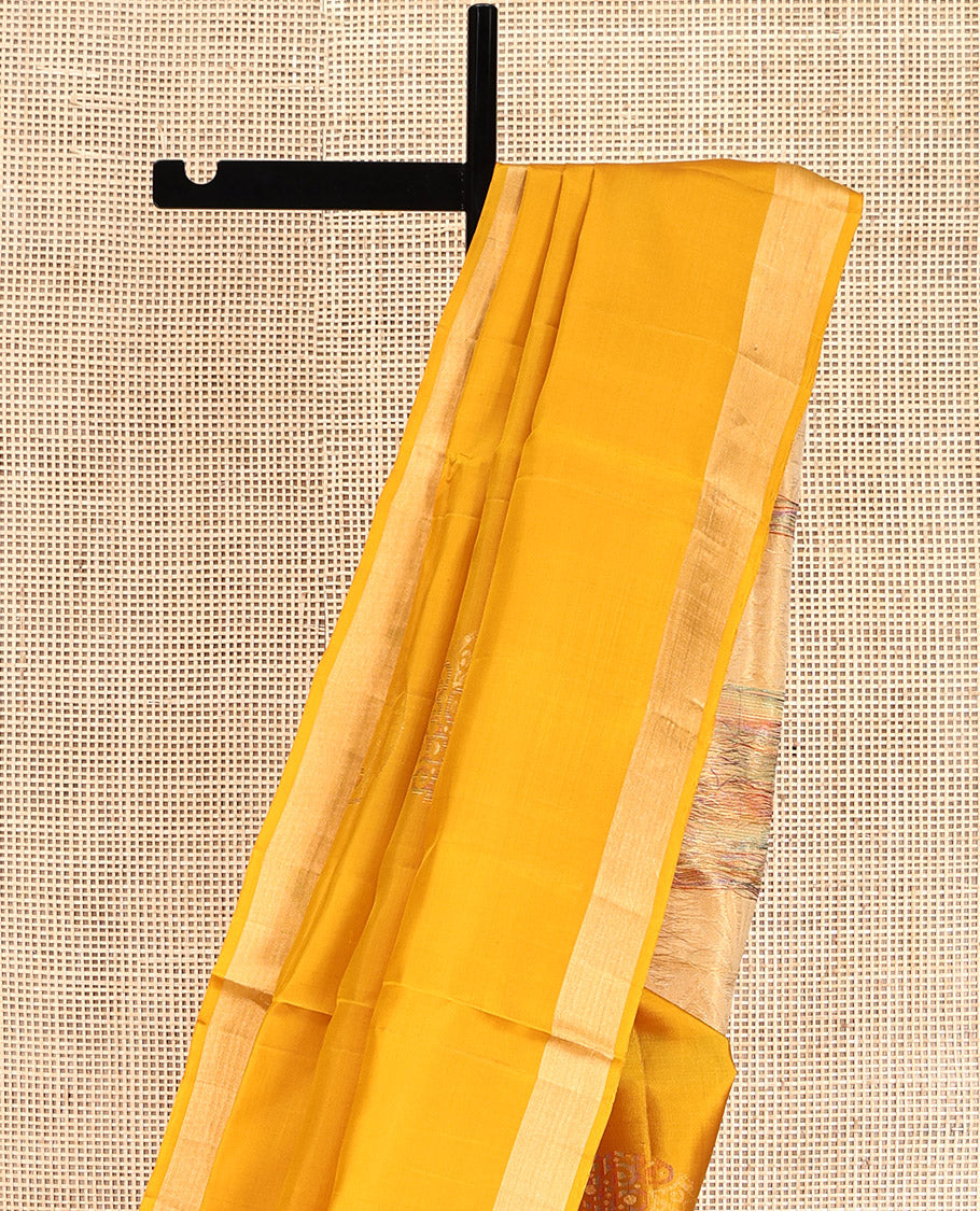 Yellow Mayuri Lite Silk Mix Saree, Sparsely Woven with Zari Buttas, Highlighted by Zari Bavanji Border, Intricate Pallu, and a Contrast Blouse