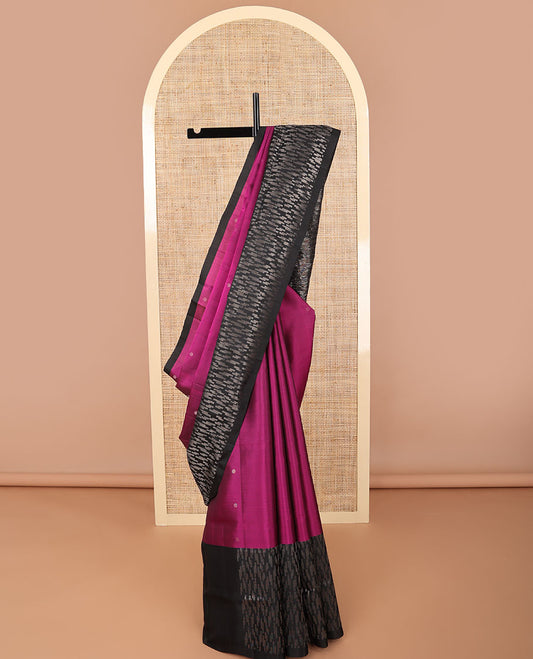 Dark pink motifs mayuri soft silk saree with contrast geometric design border & intricate design pallu