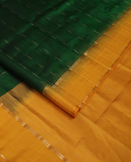 Green malli mokku buttas soft silk saree, contrast zari checked border of banaras & muthu designs & chevron pallu