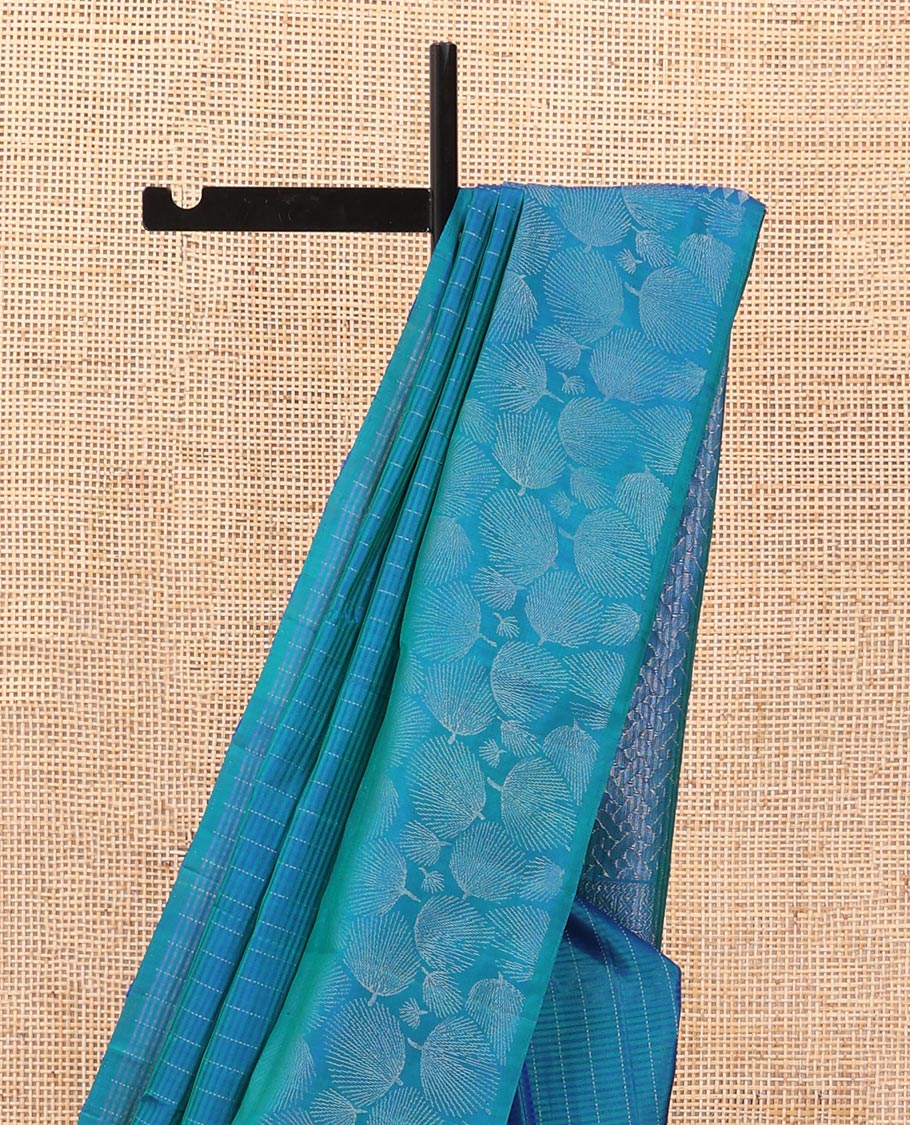 Blue vertical & horizontal striped soft silk saree, leaf motifs border & geometric patterned pallu