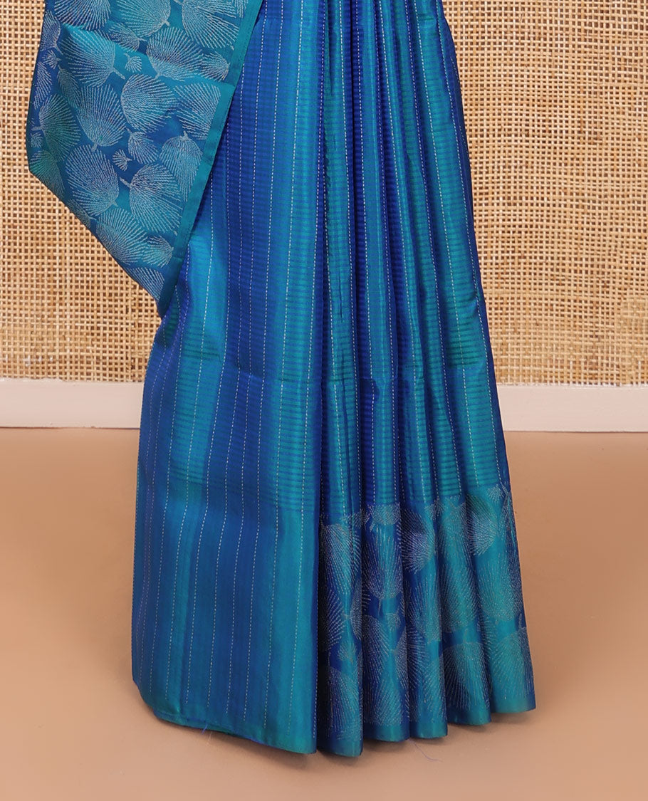 Blue vertical & horizontal striped soft silk saree, leaf motifs border & geometric patterned pallu