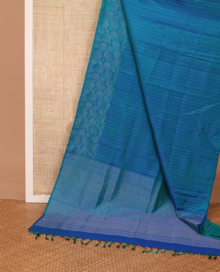 Blue vertical & horizontal striped soft silk saree, leaf motifs border & geometric patterned pallu