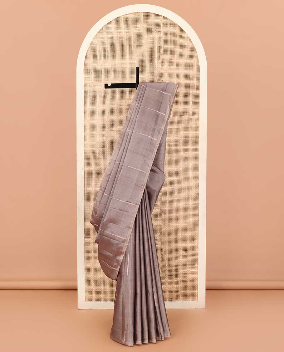 Borderless brown temple zari buttas soft silk saree, zari-rich checked pallu