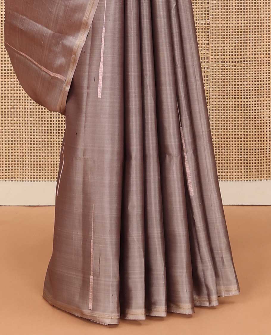 Borderless brown temple zari buttas soft silk saree, zari-rich checked pallu