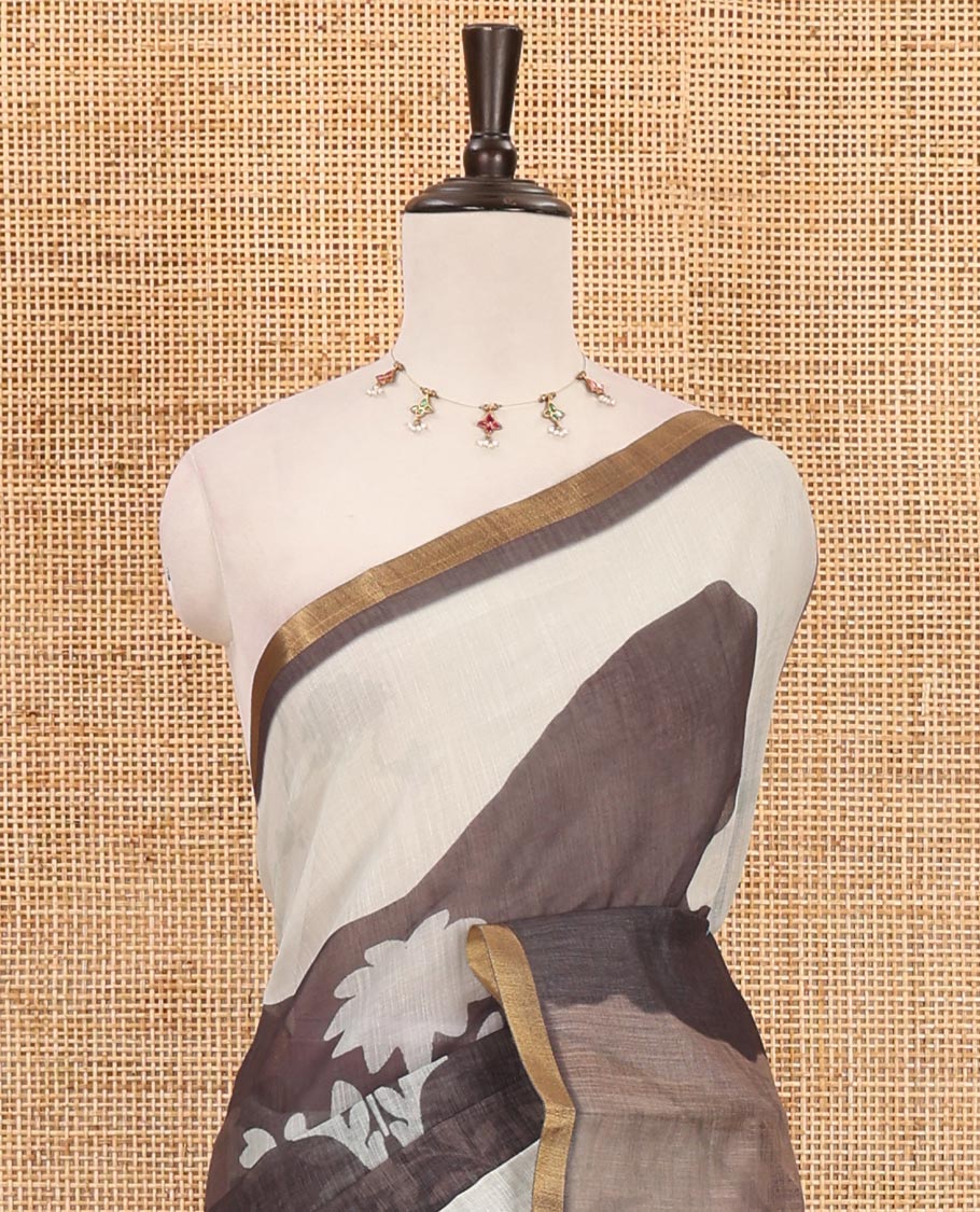 Multi-color abstract-style floral printed linen saree, zari border, printed pallu & unique butta printed blouse
