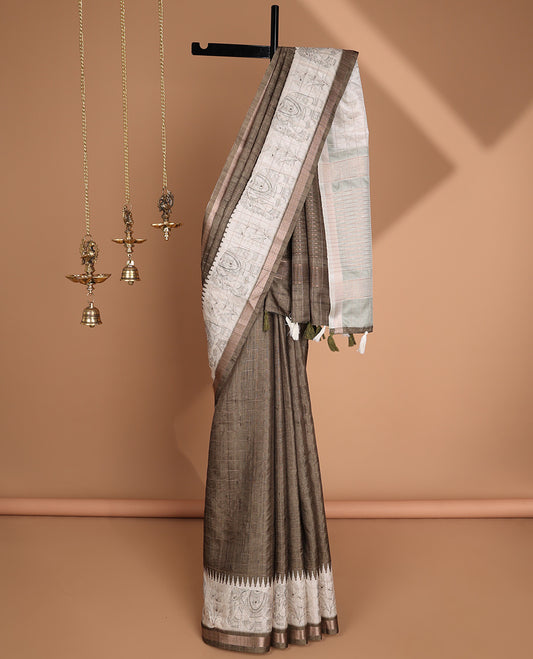 Olive green all-over copper zari checks design semi tussar saree with floral, elepgant design, copper zari jacqaurd border & linnnin chip pallu along with self ajrackprinted checks blouse