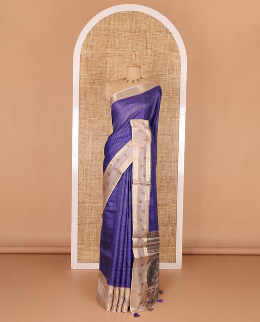 Violet gold zari checked katan silk saree with contrast traditional zari border of peacock print, peacock printed pallu, and contrast printed blouse
