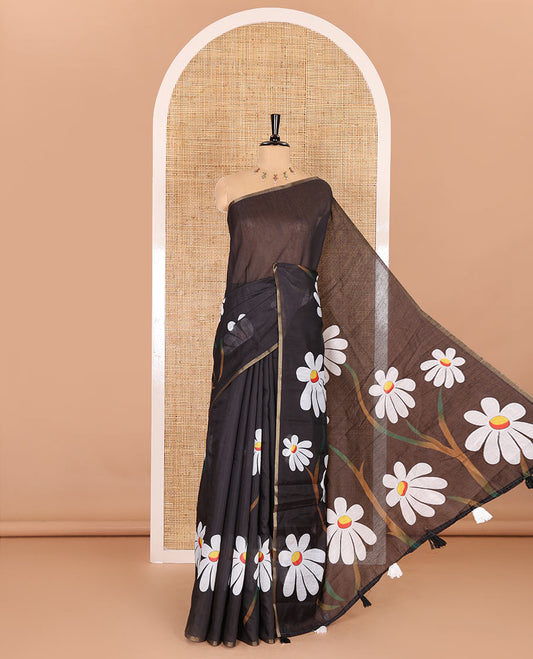 Borderless black Floral design chanderi cotton saree , floral vine printed pallu and small floral printed blouse