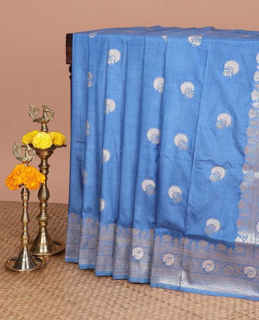 Sky blue neem zari butta dola silk saree with banaras border & rich pallu along with plain blouse