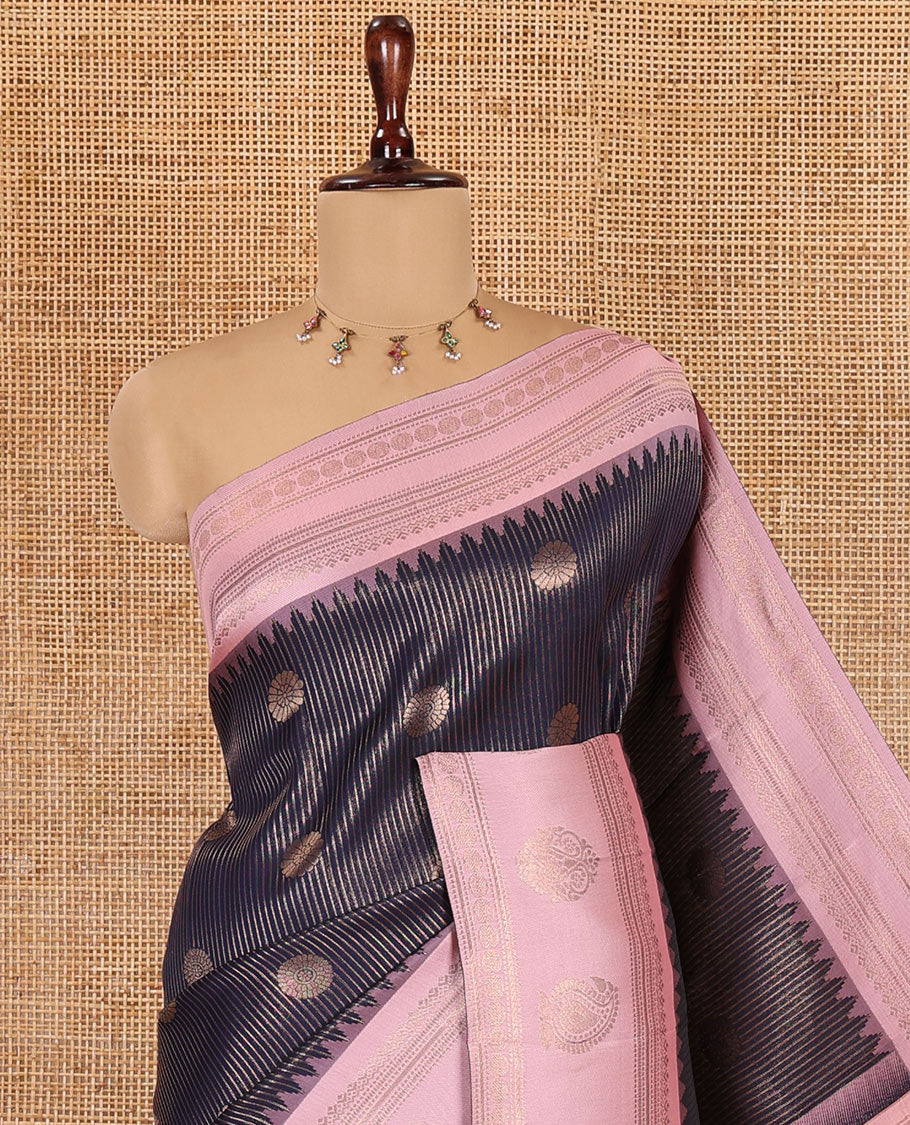 Navy Blue Kanchi Silk Saree, Accentuated with Zari Buttas and Stripes, Contrast Traditional Zari Border, Jaal Pallu, a Contrast Blouse