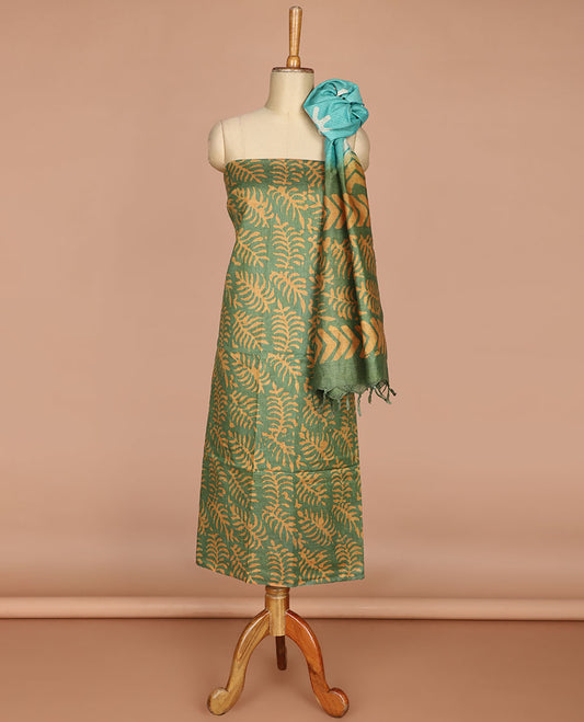 Grey with fawn batik leaf design print bhagalpur cotton chudidhar material top with batik print cotton pants & batik leaf design print mul mul dupatta