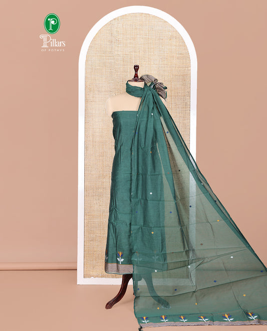 Green Mul Chanderi Material Churidar Features Jamdani-Style Meena Buttas Top, a Plain Bottom, and a Jamdani-Style Dupatta