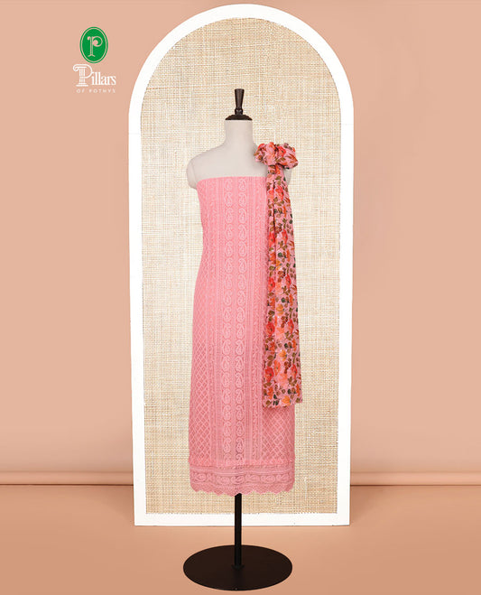 Peach shifli lucknowi embroidery mango design georgette chudidhar material top with american crepe pant & floral digital print, sequins embroider dupatta