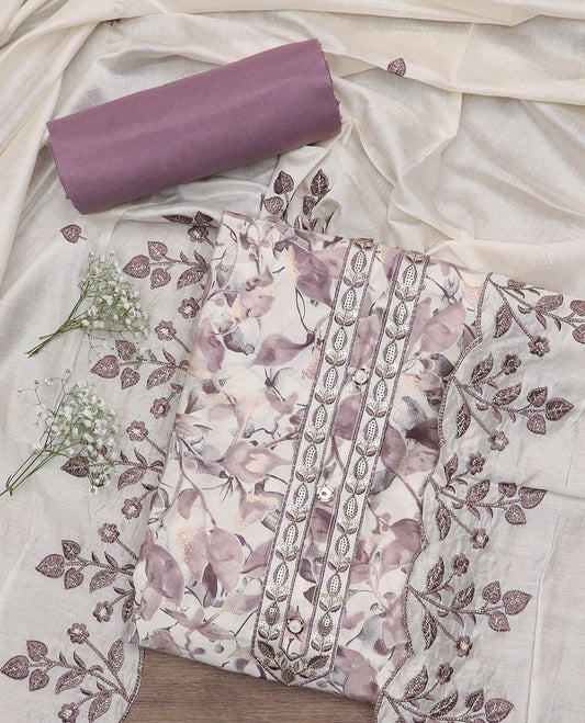 White material chudidar set, floral printed with neck embroidered top, contrast plain bottom and scallop floral and leaf motifs embroidery dupatta