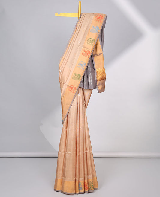 Sandal buttas uppada silk saree with contrast peacock buttas border & floral zari design pallu