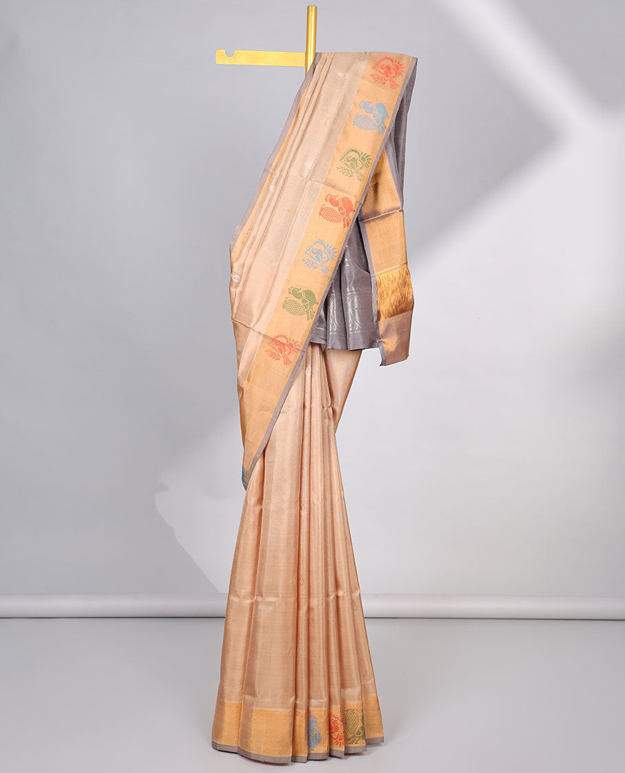 Sandal buttas uppada silk saree with contrast peacock buttas border & floral zari design pallu