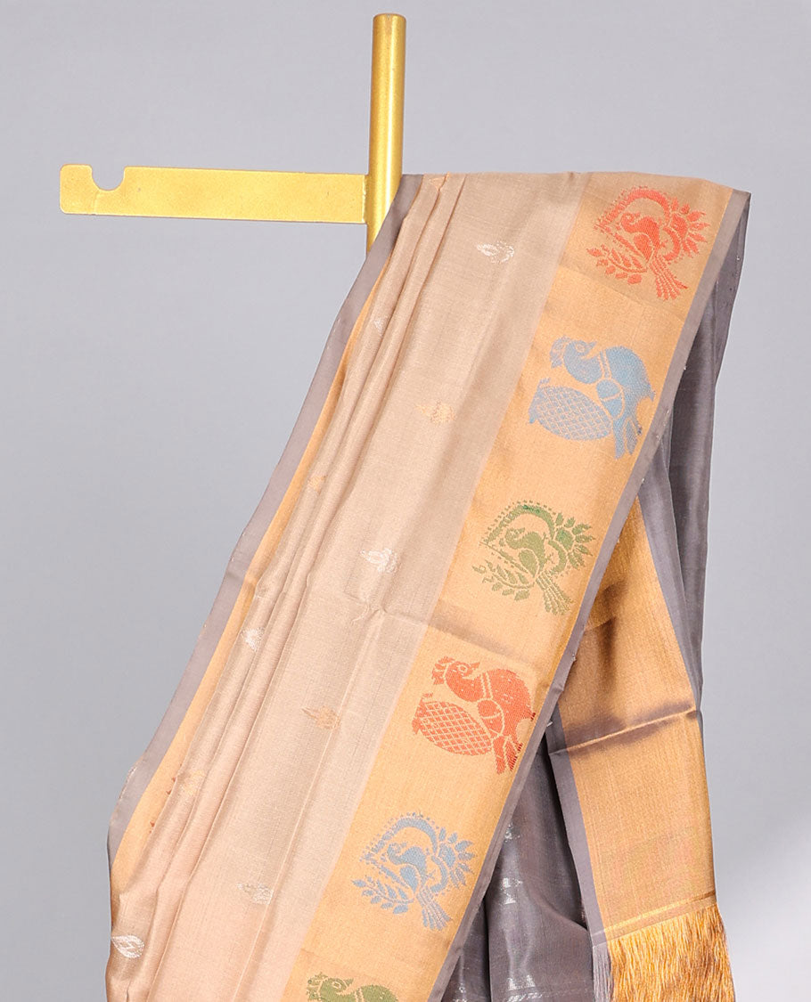 Sandal buttas uppada silk saree with contrast peacock buttas border & floral zari design pallu