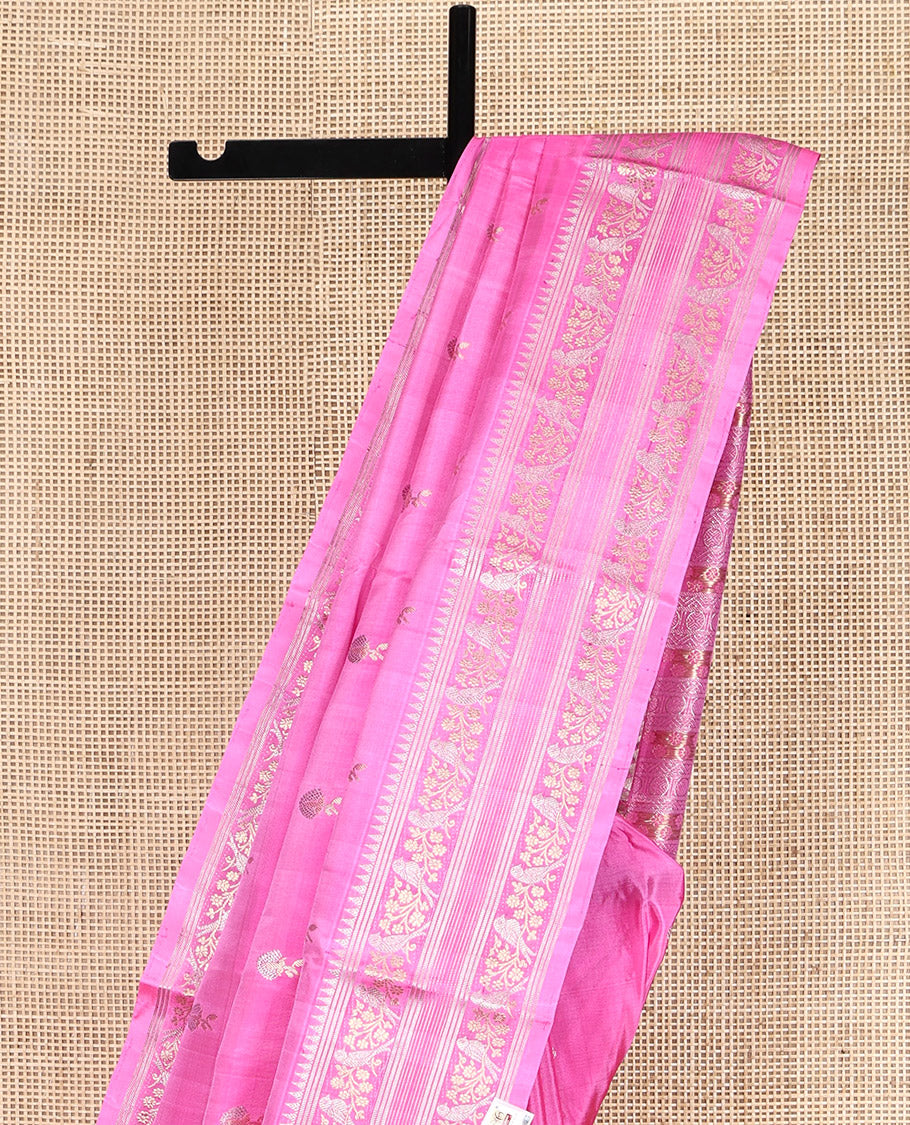 Pink Venkatagiri Silk Saree, Woven with Zari Butta and Chevron Stripes All Over Its Body, Highlighted by a Traditional Zari Border, Pallu of Rudraksham Designs, and Paired with a Matching Blouse