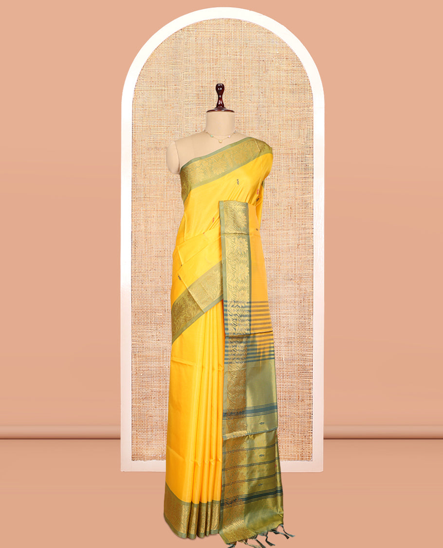 Yellow Banana Pith Saree, Woven with Buttas, a Contrast Floral Zari Border, Pallu of Stripes and Buttas, and a Contrast Blouse