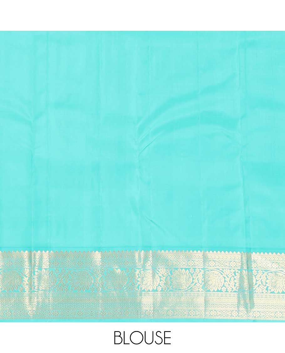 Yellow zari buttas silk saree, contrast border of jadai nagam, and mayil kann, and pallu of diagonally woven kodi manga and geometric designs