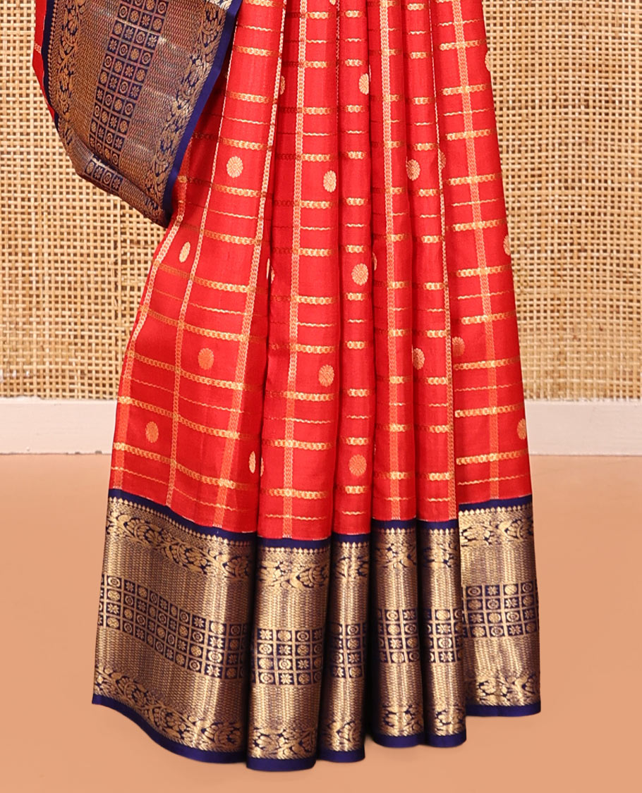 Orange Vasundhara Silk Saree, Enthralled with Zari Butta Enclosed Checks, a Contrast Traditional Zari Border, Grand Jaal Pallu, and a Contrast Blouse