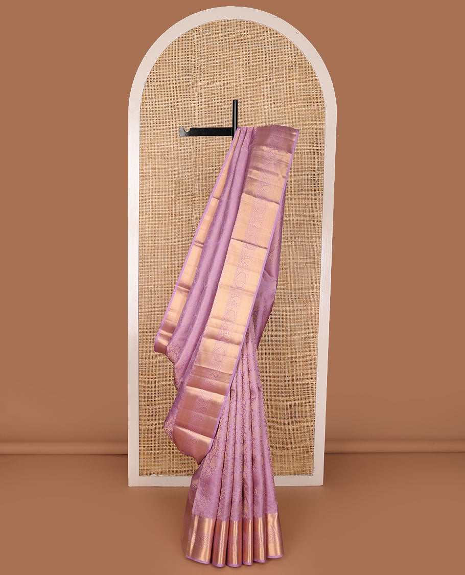 Pink floral jacquard Kanchipuram wedding silk saree, zari border of manga mokku, kodi visiry, and jaal designs, and intricate pallu