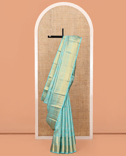 Blue Kanchipuram Tissue Silk Saree, Mesmerized with Jacquard Design, Highlighted by Zari Border of Thilakam, Muthu, Kathir, Mayil Kann, and Mayil, Grand Pallu, and Matching Blouse