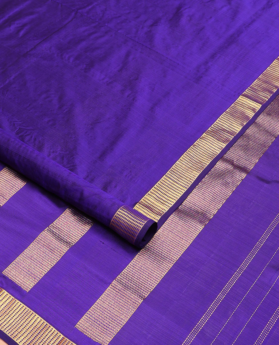 Violet plain nine-yard silk saree, zari Muthu design border, and pallu of zari designs