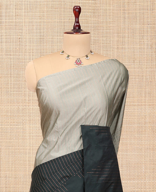 Borderless Black-Grey Arani Saree, Elevated with Zari Stripes, a Zari Design Pallu, and a Contrast Blouse