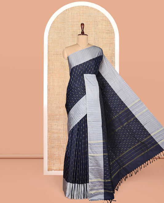 Blue Aarani Gift Saree, Woven with Zari Buttas on Its Body, Complemented by a Contrast Zig-Zag Striped Border, Subtle Striped Pallu, and Paired with a Matching Blouse
