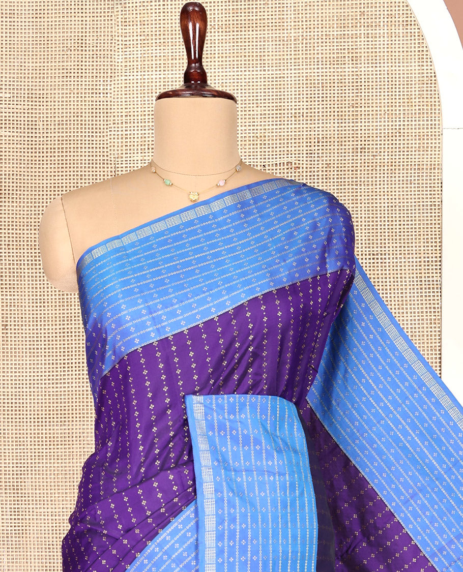 Violet Aarani Gift Saree, Steeped in Richness with Buttas on Its Body, Complemented by a Contrast Striped and Buttas Border, a Pallu of Stripes, and Paired with a Contrast Blouse