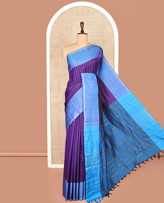 Violet Aarani Gift Saree, Steeped in Richness with Buttas on Its Body, Complemented by a Contrast Striped and Buttas Border, a Pallu of Stripes, and Paired with a Contrast Blouse