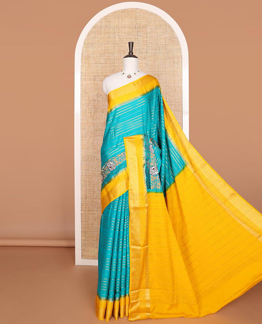 Blue striped, floral embroidery mysore silk saree with contrast floral design border & striped pallu