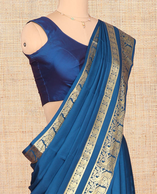 Peacock Blue Plain Mysore Silk Saree, Richly Detailed with Zari Border of Peacock Designs, Sparsely Woven Pallu of Stripes, and Paired with a Matching Blouse