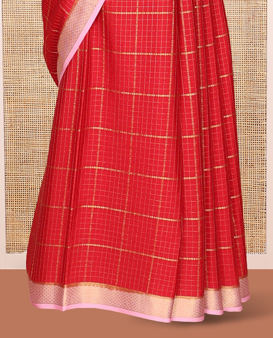Red Mysore Silk Saree, Mesmerized with Zari Checked Design On Its Body, Complemented by Captivating Contrast Border of Traditional Zari Designs, Subtly Striped Pallu and Paired with a Contrast Blouse